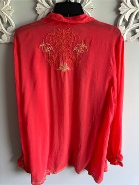 Cupra Rayon Johnny Was Coral-Pink Embroidered Button-Up Tunic SZ XL  Like New